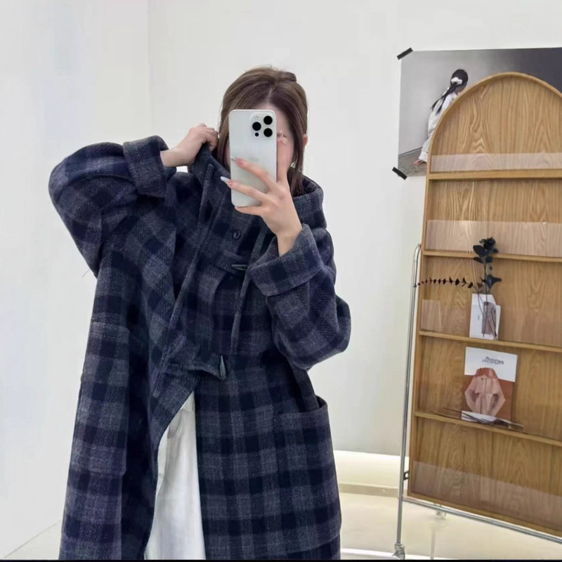 Seoul Academy 2025 Autumn/Winter Korean Style Hooded Duffle Coat, Oversized, Thickened, Long Black and White Plaid Mid-Length Coat