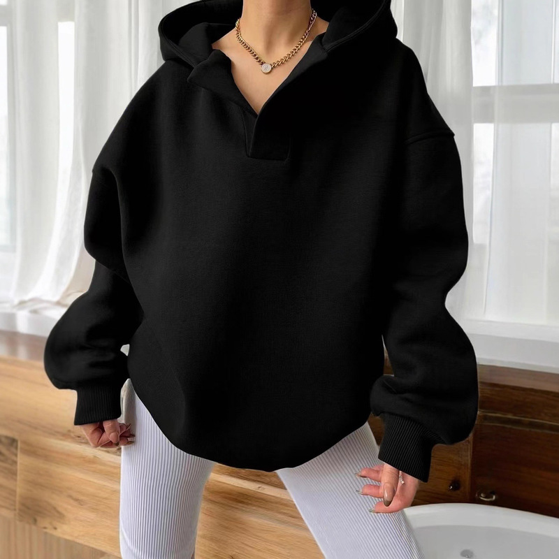 European and American Cross-Border Large Size Loose Knit Hooded Sweatshirt Fleece Casual Women's Long-Sleeved Hoodie Solid Color Loose Large Size
