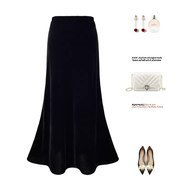 黑色金丝绒鱼尾裙2025新款裙子女秋冬季超长高端精致包臀半身裙