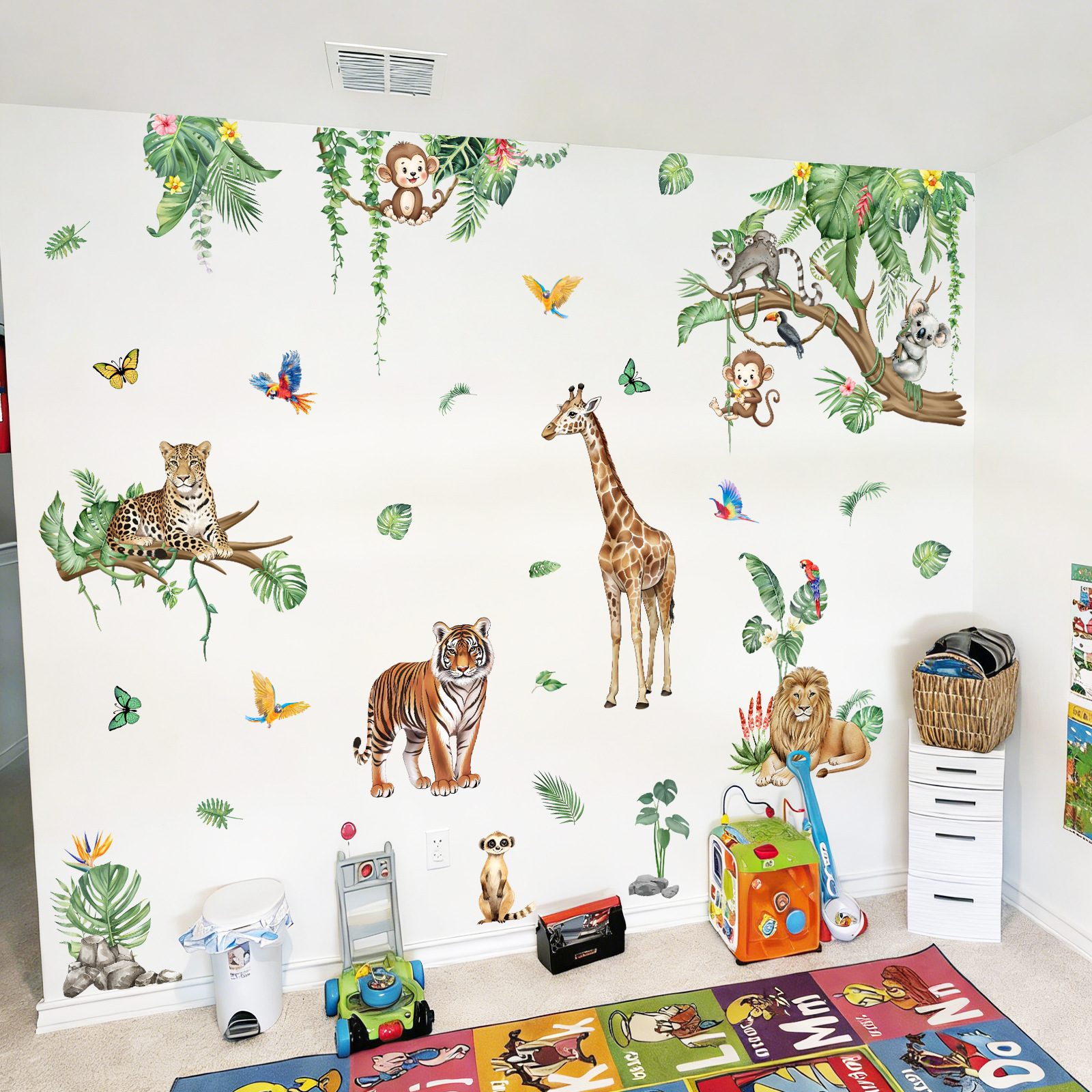 Cartoon Tree Branch Wall Sticker With Animals Birds And Butterflies_voghion.com