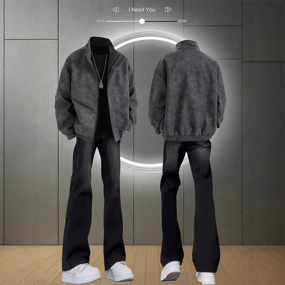 Черно-серая ретро кожаная куртка для мальчиков весной