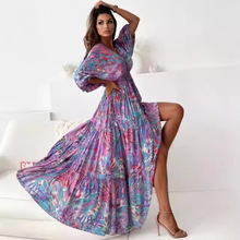 2024跨境秋季新款亚马逊欧美长袖性感深V多色大花印花开叉连衣裙