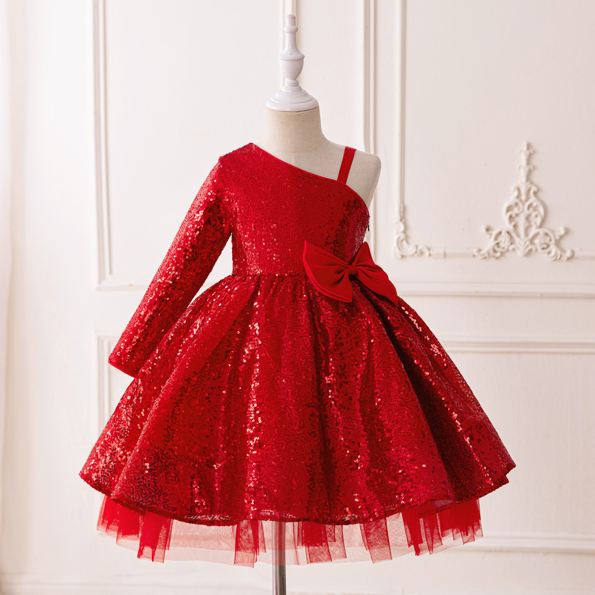 Nuevo vestido transfronterizo, hombros inclinados, lentejuelas, tutú, vestido de fiesta para niñas, vestido de princesa, vestido de fin de semana para bebés, vestido de noche