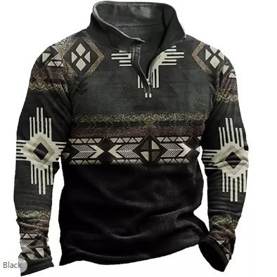 European and American Long-Sleeved Ethnic-Style 3D Printed Half-Zip Men's Polo Shirt
