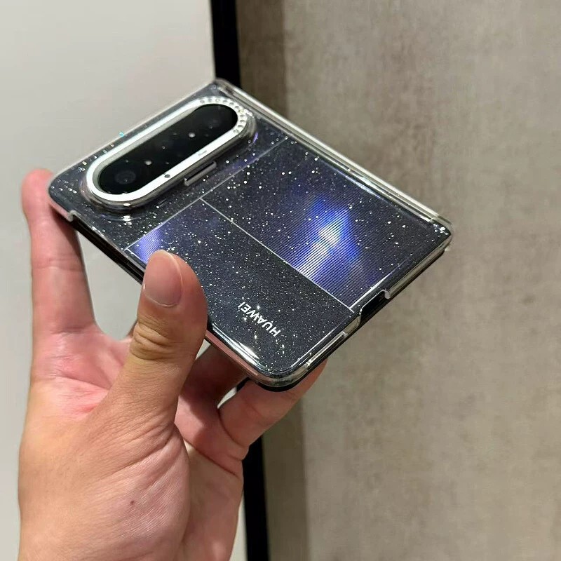 Suitable for Huawei Puraxmax Foldable Screen Phone Case, Transparent Glitter Lens with Diamond-Encrusted Central Axis Magnetic Protective Case for Women