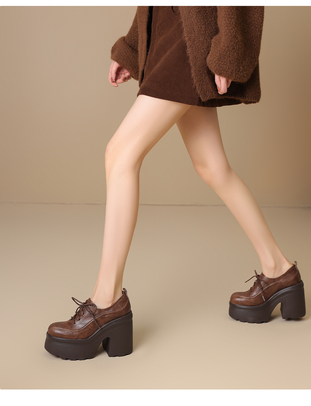 Giày cao gót nữ mũi tròn đế xuồng da bò phong cách Anh quốc, gót 12 cm — màu nâu chi tiết 2