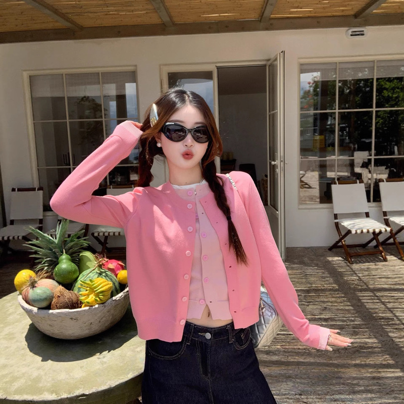 Fake Two-Piece Pink Sweater Cardigan for Women 2026 New Spring and Autumn Outerwear Knitwear Korean Style Outfit Top