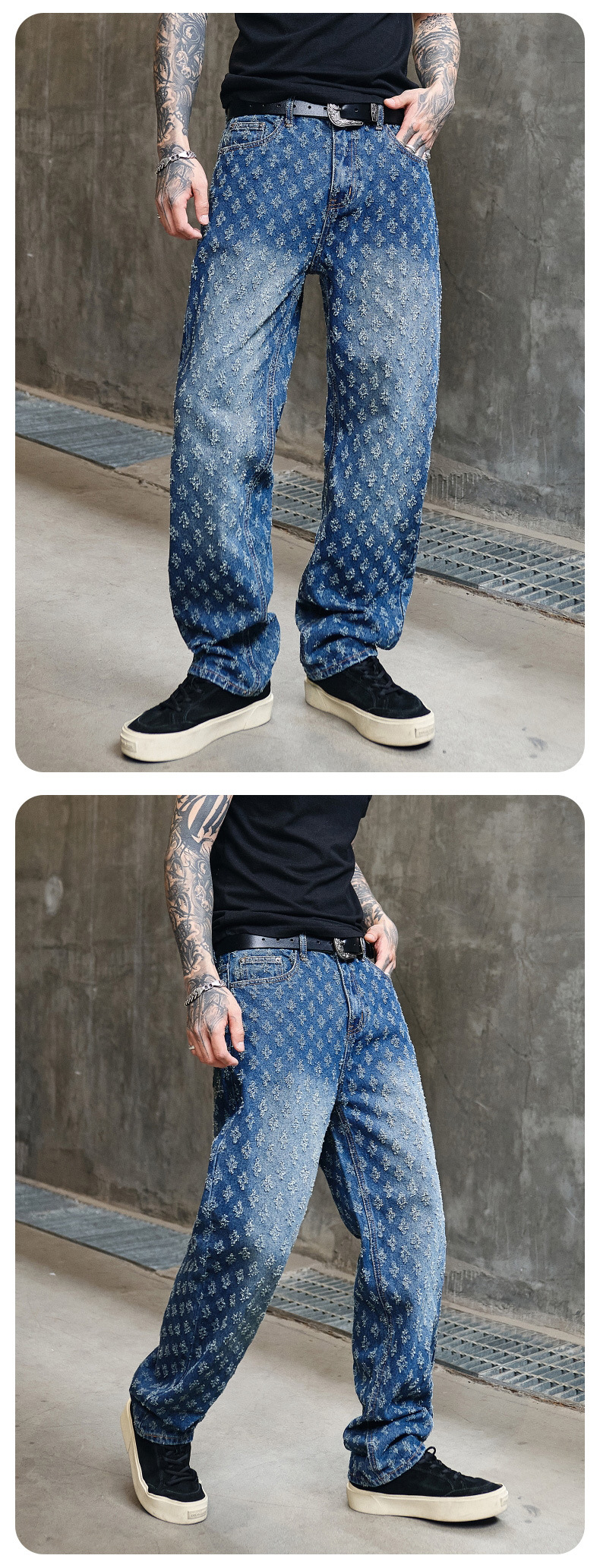 Herren Jeans Mit Jacquard Muster Weit Gerade Und Lässig Verwaschen_voghion.com