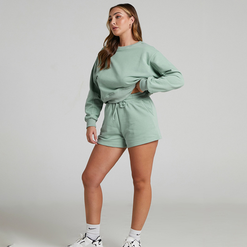 Solid Color Long Sleeve Sweaters Women Clothing Short Two-Piece Casual Shorts Suit