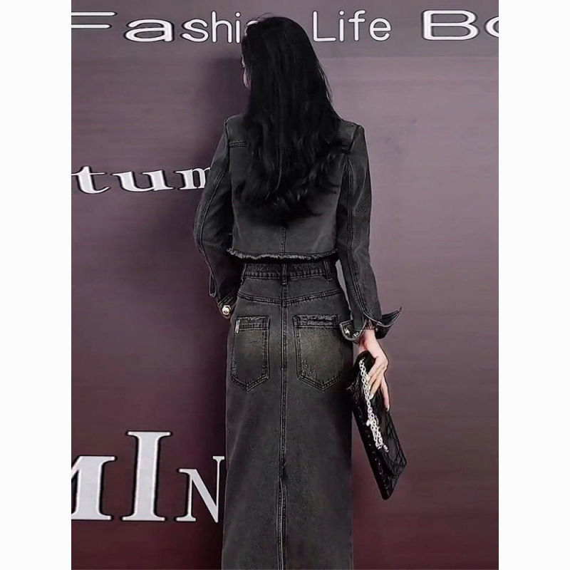 秋装女年新款休闲时尚高腰短款工装牛仔外套半身裙套装两件套|undefined