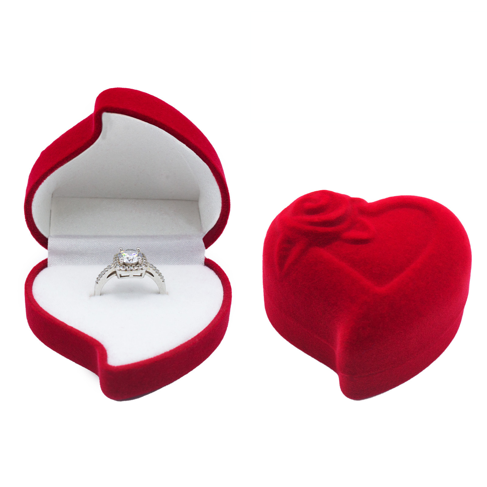 Caja para anillo individual con forma de corazón, diseño floral inclinado, color melocotón, exterior rojo e interior blanco; 60*60*40mm