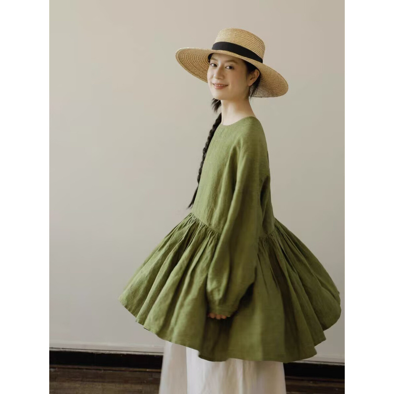 Green Gentle Style Multi-Pleated Long-Sleeved Loose Babydoll Top 2025 Autum New Literary Retro Long-Sleeved Top