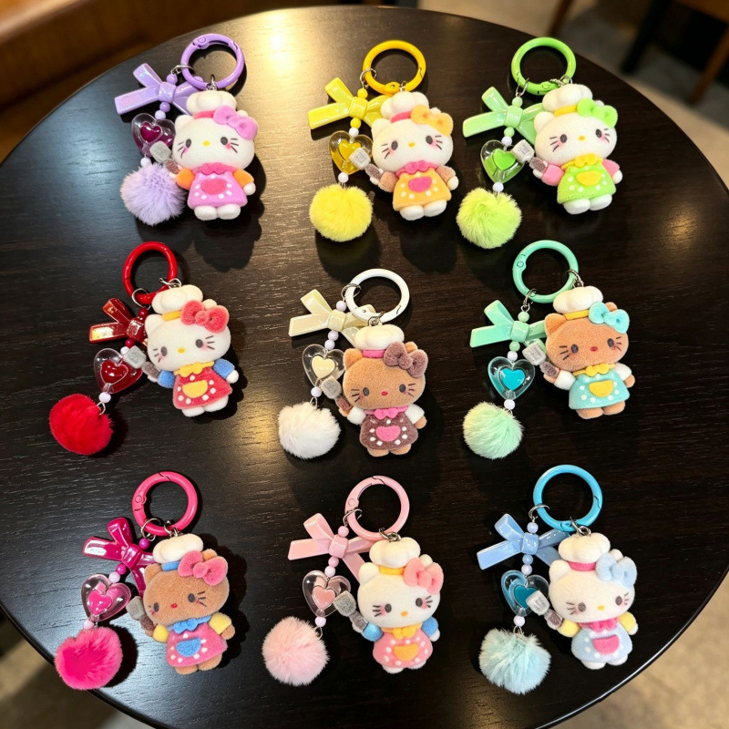 Chef KT cartoon flocked Hello Kitty enamel dopamine heart keychain DIY bag pendant keychain trendy toy Chef KT cartoon flocked Hello Kitty enamel dopamine heart keychain DIY bag pendant keychain trendy toy