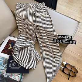 松紧条纹抽绳休闲裤女夏季新款宽松慵懒显瘦休闲直筒女裤跨境货源