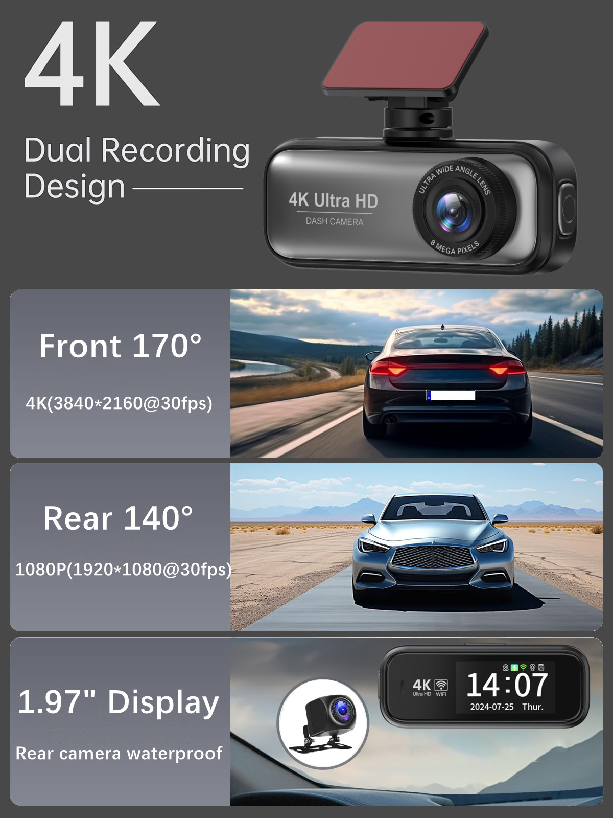 4K Ultra-High Definition Dual-Recording Dash Cam with Wifi, Mobile Phone Connectivity, Gps Tracking, and Parking Monitoring