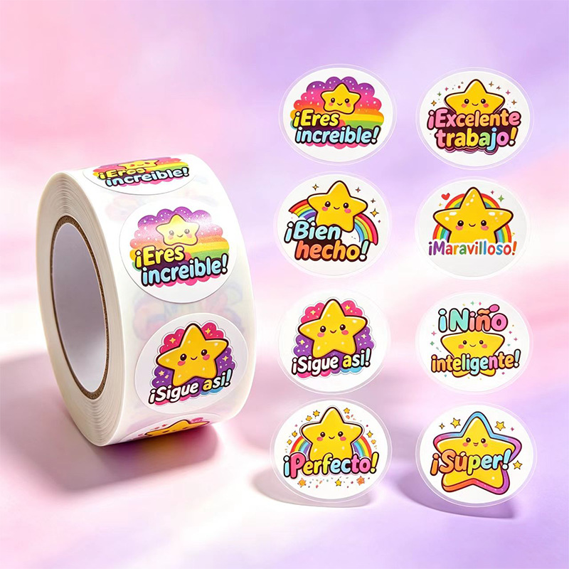 500 stickers/roll, colorful English smiley face and star stickers, for children's rewards and decorations, round sealing stickers