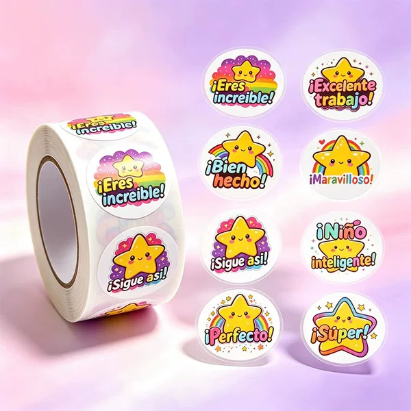 500 stickers/roll, colorful English smiley face and star stickers, for children's rewards and decorations, round sealing stickers