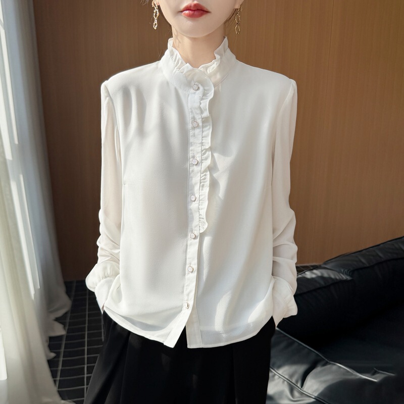French-Style Minimalist Ruffled Lace Blouse for Women, Acetate Satin Imitation Silk Long-Sleeve Cardigan, Loose-Fitting Thin Top