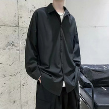长袖衬衫男潮流帅气韩版宽松制服黑色外套薄款纯色衫休闲免烫衬衣