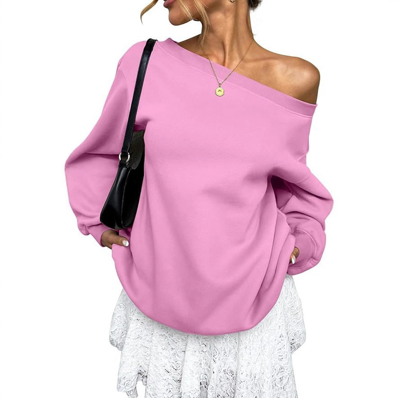 2025 Amazon Casual Fashion Autum New European and American Cross-Border Temu Export Women's Pure Color Slant Collar Sweatshirt 2025 Amazon Casual Fashion Autum New European and American Cross-Border Temu Export Women's Pure Color Slant Collar Sweatshirt