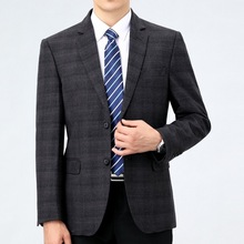 中年羊毛休闲西装男免烫格子上衣爸爸装单件外套男装商务毛料西服