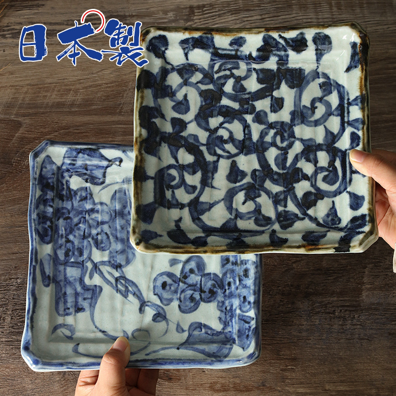 블룸 일본 수입 메이이나키 세라믹 디너 플레이트 스시 플레이트 탕카오 포도 식기 빈티지 스퀘어 플랫 플레이트