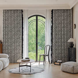 法式窗帘轻奢黑白提花遮光客厅卧室高级感雪尼尔纱帘合欢树白色