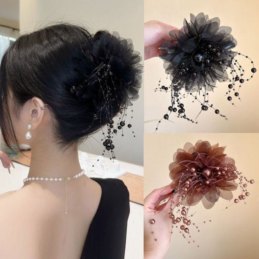 Peony flower tassel claw clip, high-end hair clip, fashionable and versatile shark clip, light luxury new style back-of-the-head hair accessory