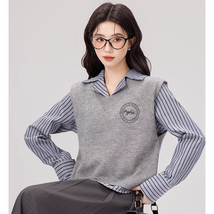 American retro college-style knitted vest for women, spring and autumn layered outfit with striped shirt and dress two-piece set American retro college-style knitted vest for women, spring and autumn layered outfit with striped shirt and dress two-piece set