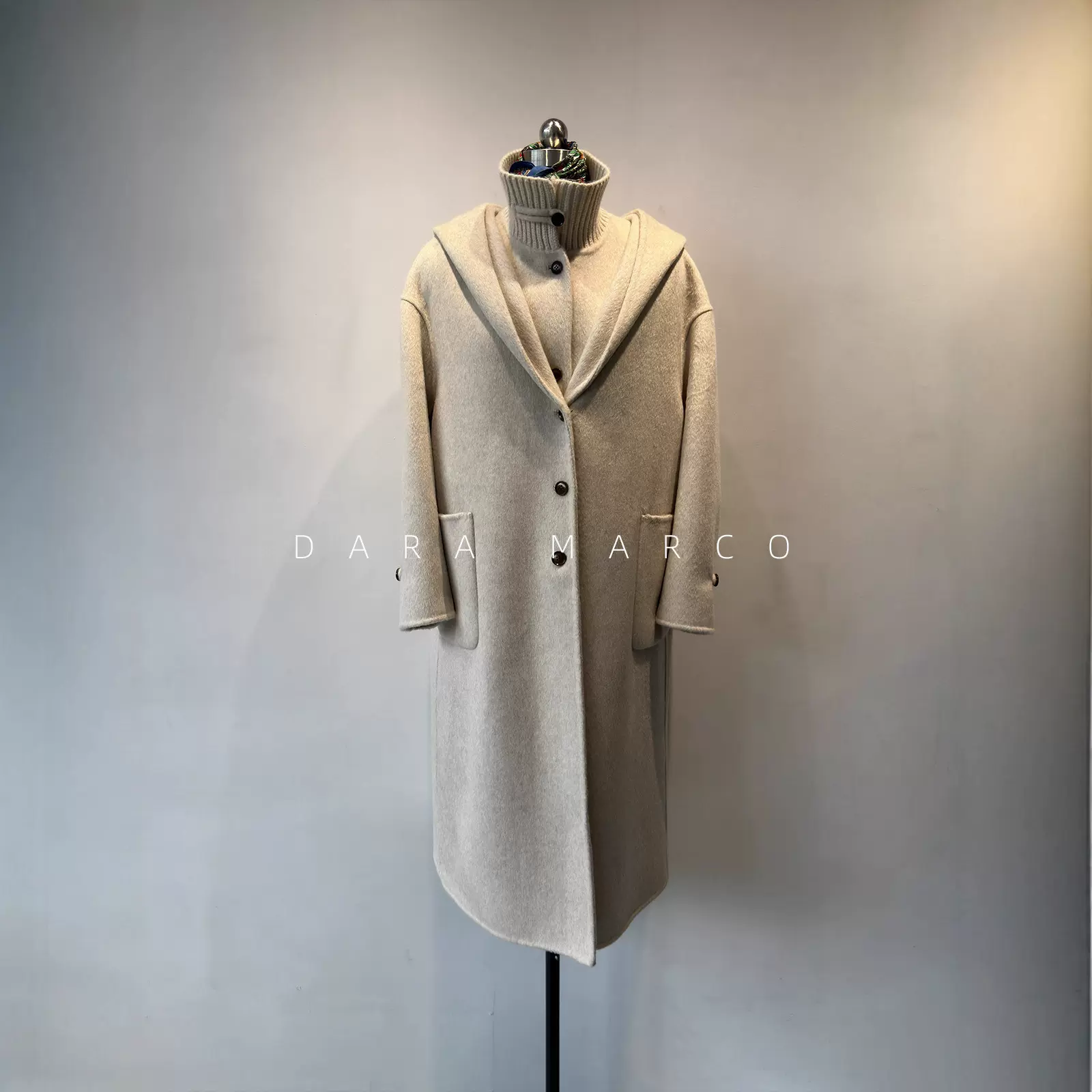 温柔氛围感~针织高领拼接马甲连帽长款双面山羊绒大衣两件套女冬