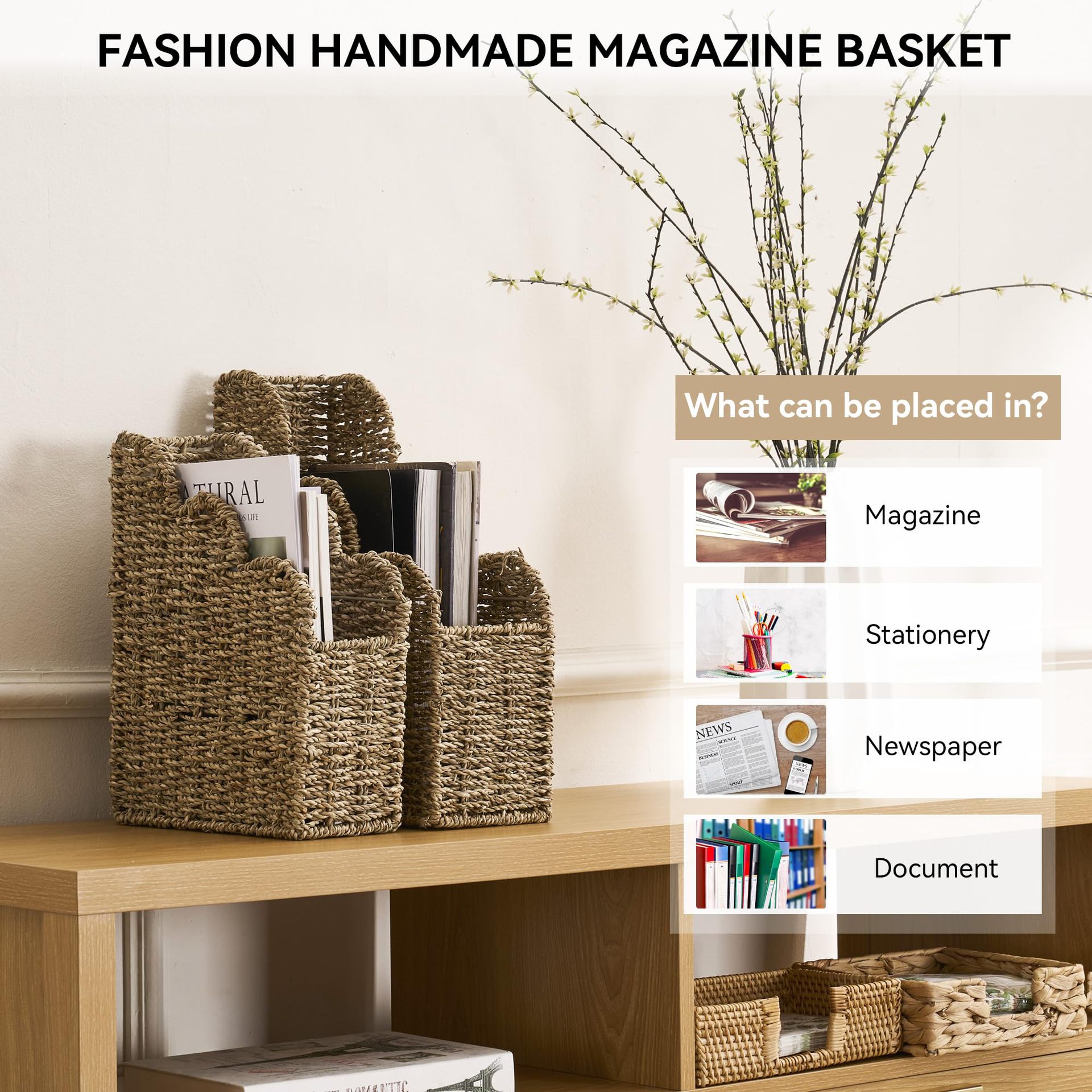 Estante de almacenamiento de revistas de algas personalizadas Cesta de almacenamiento de vieiras tejida de paja Sala de estar Sala de estudio Decoración Cesta de almacenamiento de archivos en forma de abanico