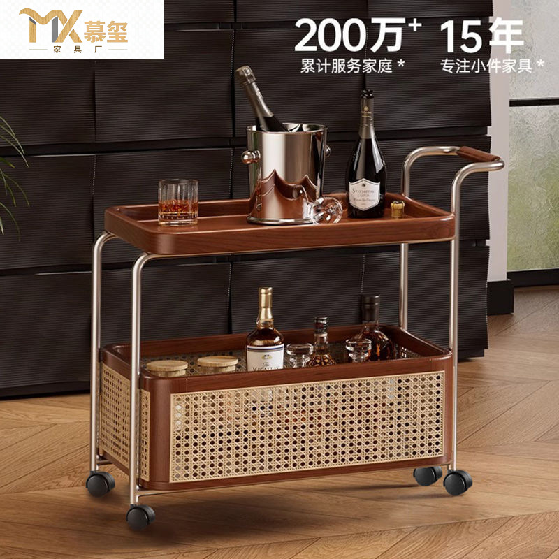 实木可移动边几中古收纳小推车客厅沙发置物架塑藤编储物茶几餐车