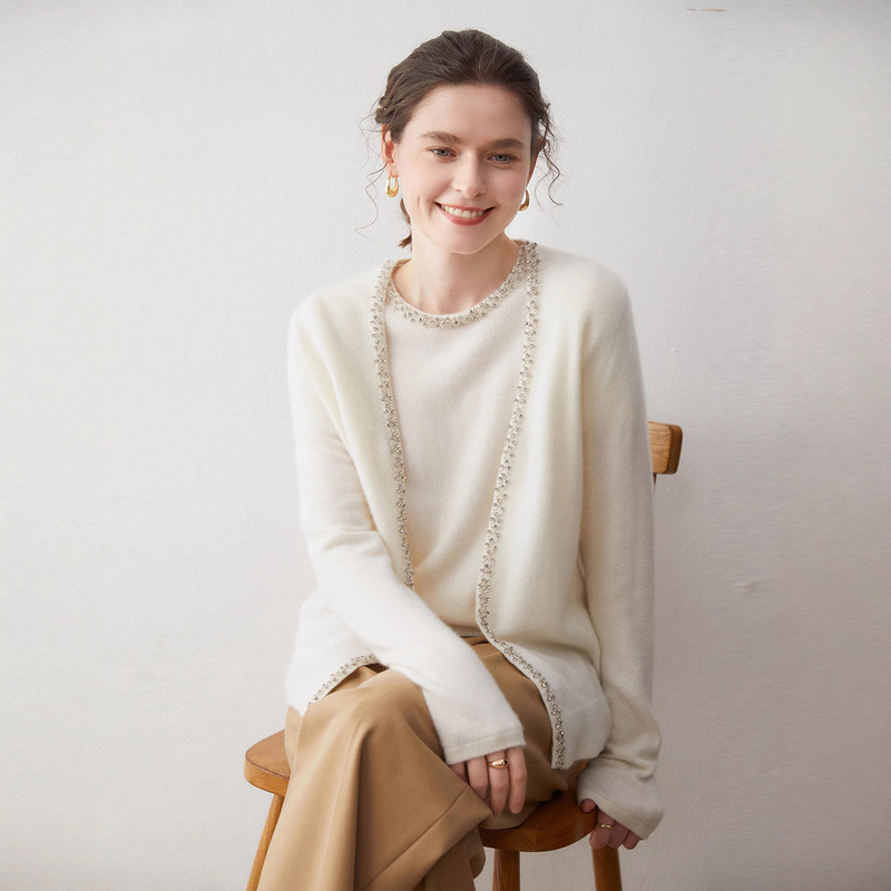 小香风镶钻山羊绒开衫短袖女轻奢软糯针织披肩外套2025秋冬两件套|undefined