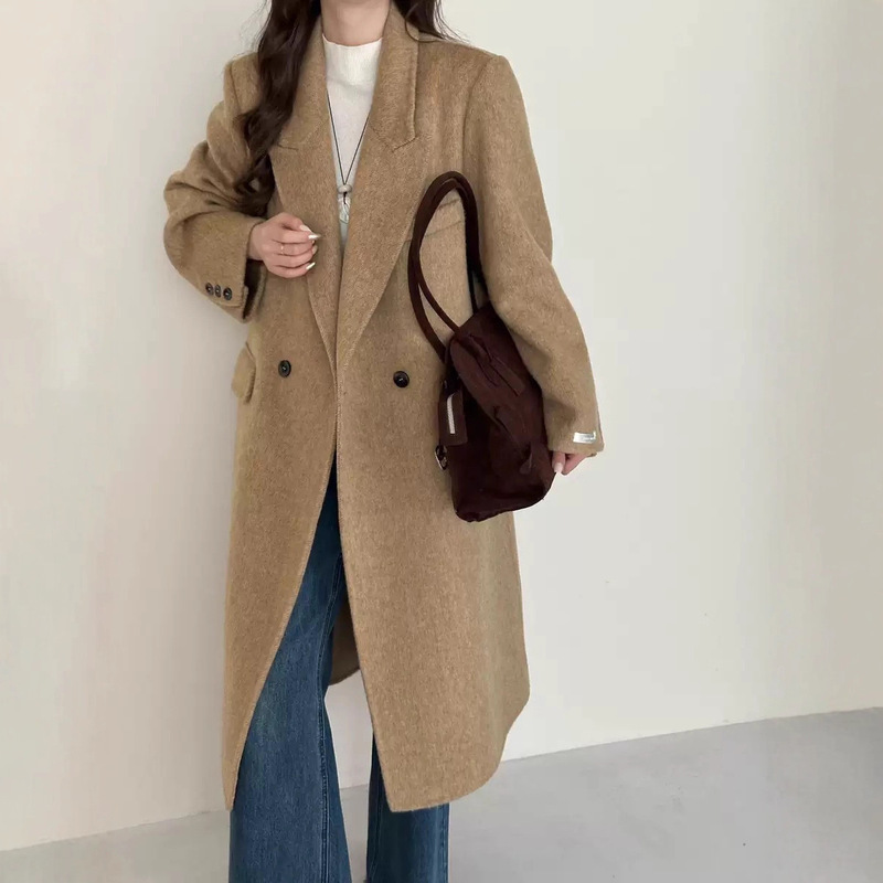 Autumn and Winter New High-End Korean Style Double-Sided Wool Coat Woolen Suit Collar Long Slimming Wool Coat for Women