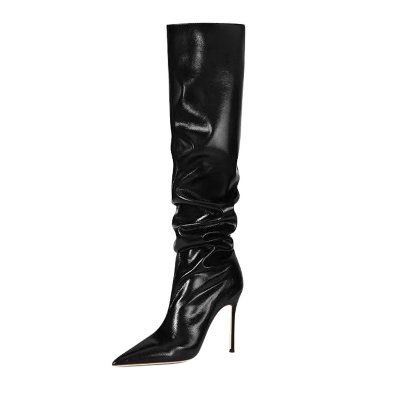 European and American Foreign Trade Pointed High-heeled Sleeve Pleated Stack Boots Knee-length Boots Skinny Boots Women's Mid-heeled Boots