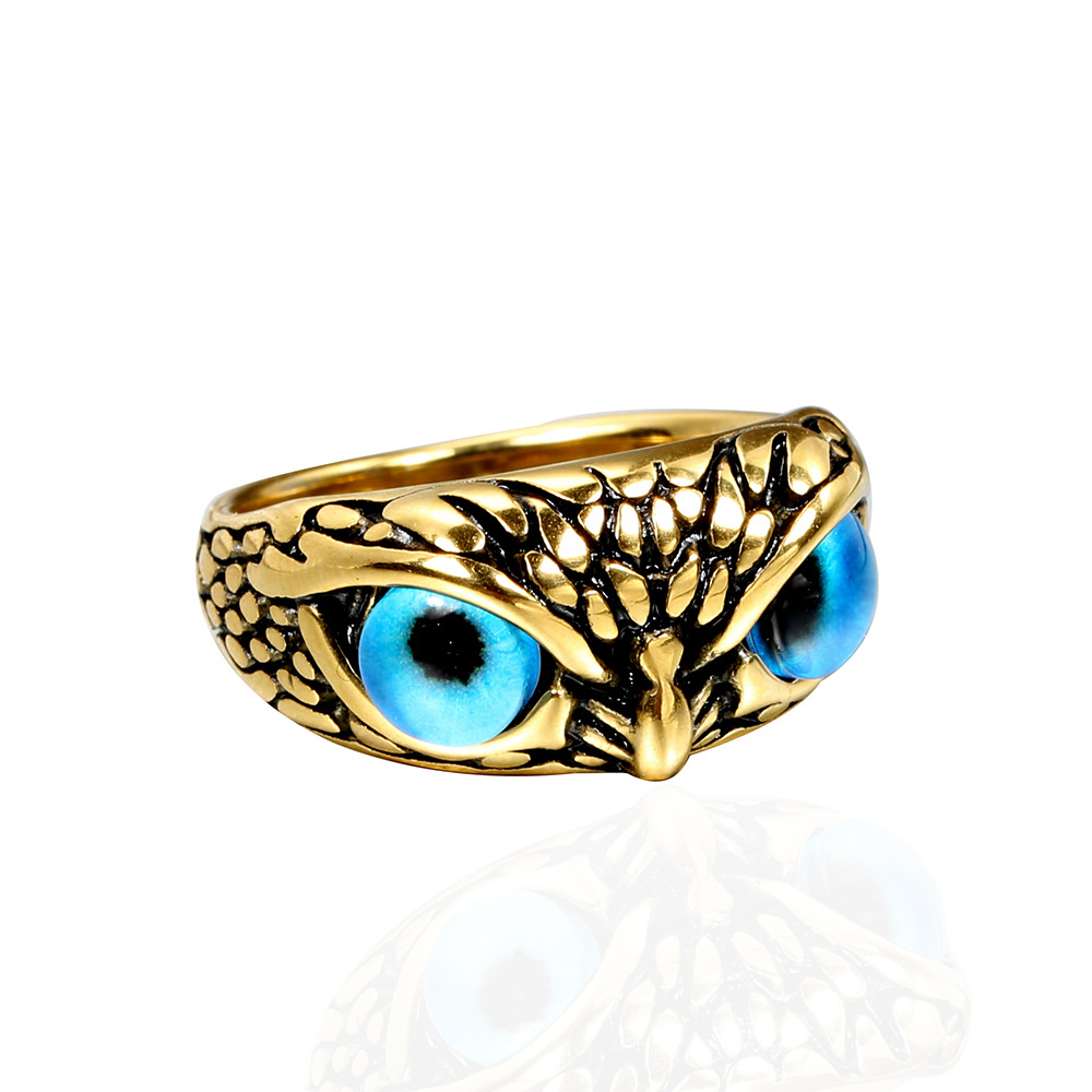 1 Piece Quantity Holiday, Carnival, Street Occasion Retro Owl Titanium Steel Cat's Eye Stone 18K Gold Plated Men's Rings Men Signet Rings