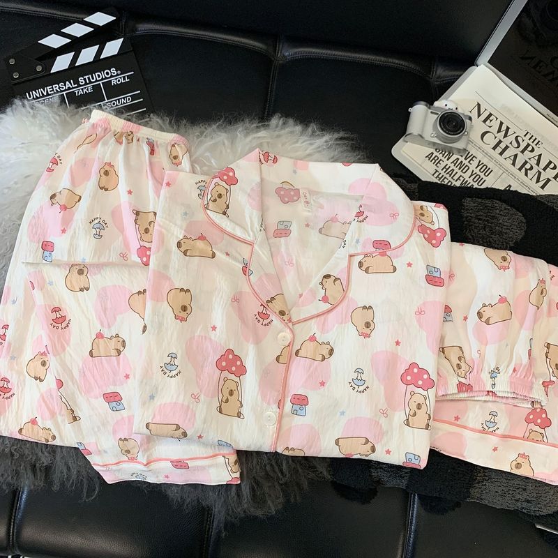 【蓝豹纹凯蒂猫】蓝色豹纹短袖云朵绵三件套褐色领睡衣女夏家居服|undefined