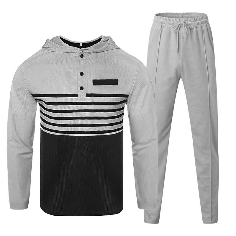 "Men's Waffle-Knit Hoodie & Jogger Set - Striped Casual Loungewear (S-3XL)"_voghion.com