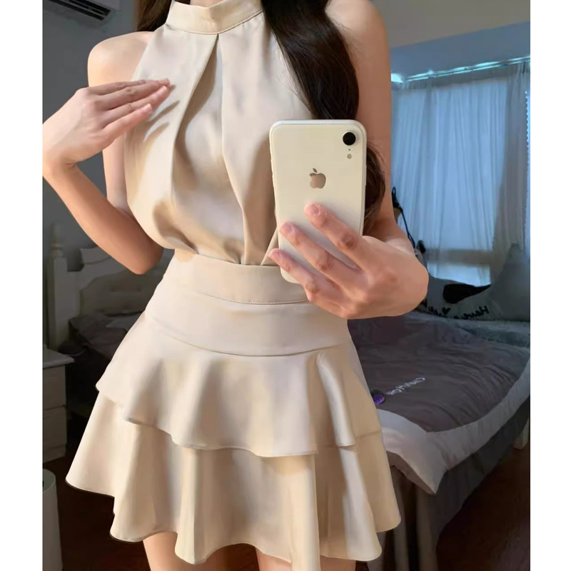 甜辣妹杏色两件套女夏挂脖背心上衣小众荷叶边a字短裙半身裙套装|undefined