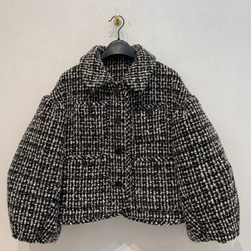 Dried crane early autumn new Japanese style coarse flower retro fashionable lapel puff sleeve coarse flower coat loose profile top