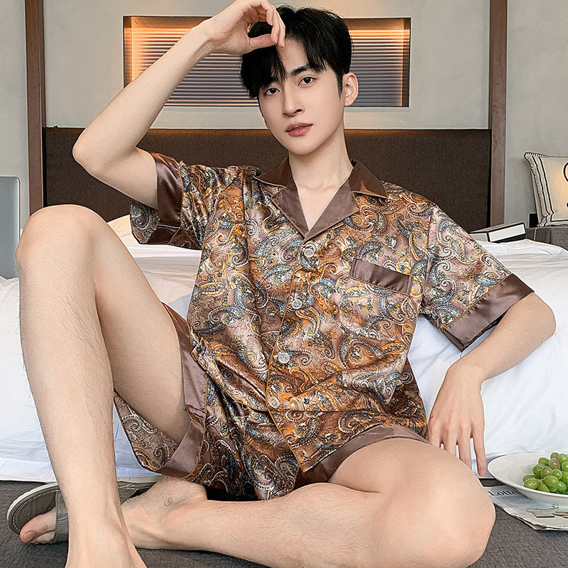 Ice Silk Pajamas for Men Spring and Summer 2026 New Fashion Short-Sleeved Long-Sleeved Imitation Silk Home Clothes Two-Piece Set