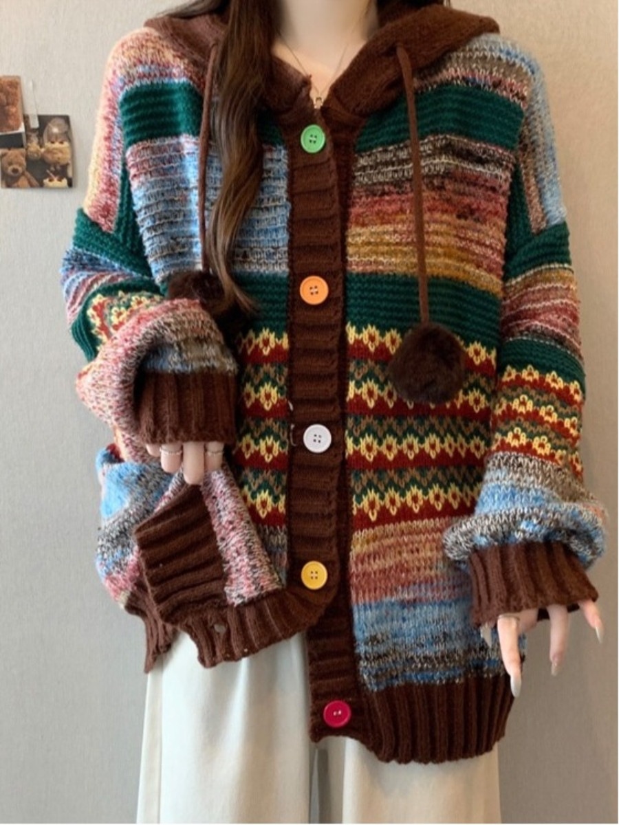 复古撞色连帽条纹毛衣外套女秋冬大码胖妹妹慵懒高级感显瘦针织衫