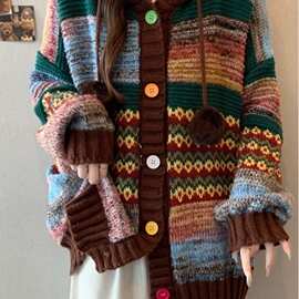 复古撞色连帽条纹毛衣外套女秋冬大码胖妹妹慵懒高级感显瘦针织衫