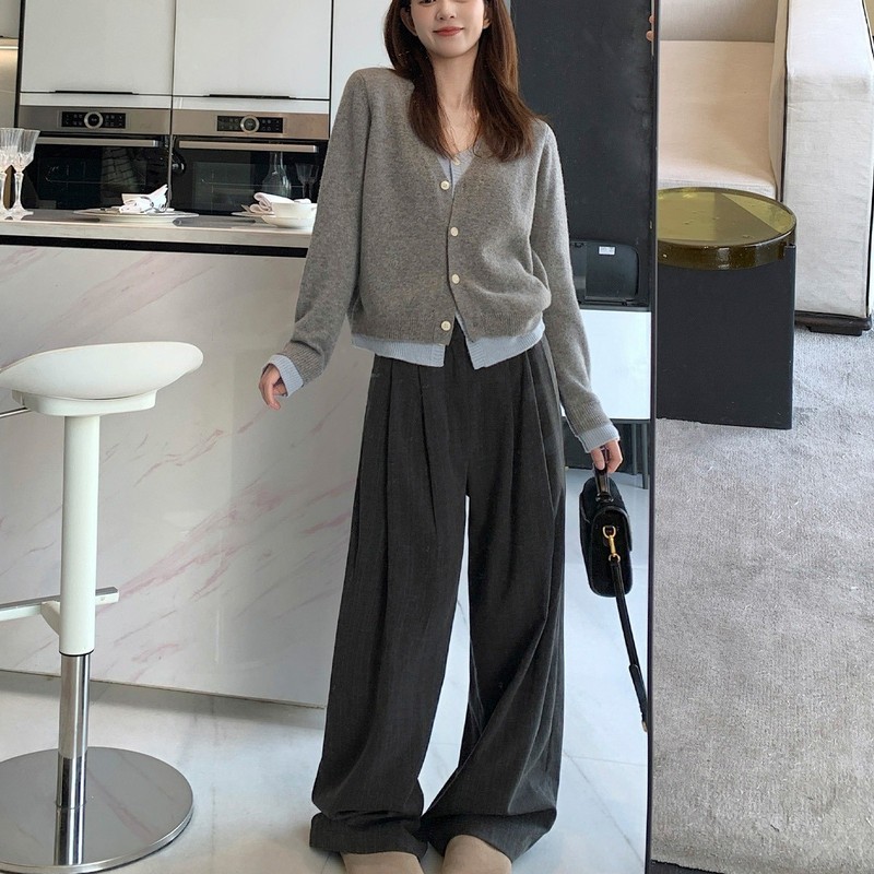 松弛张力 条纹羊毛休闲阔腿裤女高腰宽松通勤必备直筒西装长裤子|undefined
