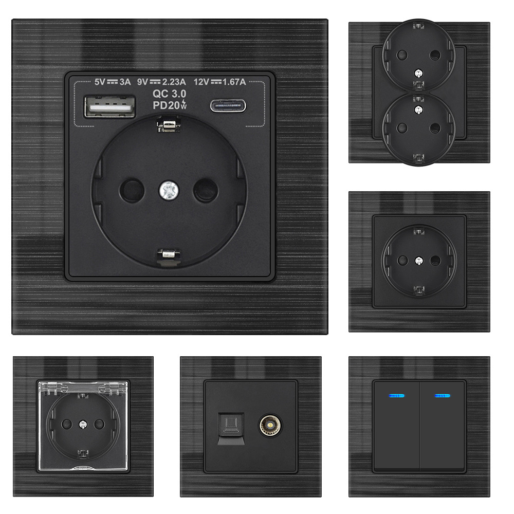 82型跨境欧标开关插座钢化玻璃面板拉丝纹欧式德标俄罗斯墙壁插座