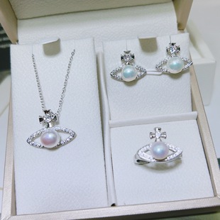 S925 Silver Needle Gold Plated Saturn Pendant Necklace Women's 7-8MM Natural Pearl Strong Light Clavicle Chain Small Fresh Earrings