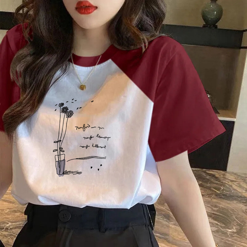 100 Cotton Contrast Short-sleeved T-shirt Women's 2024 New Spring and Summer Loose T-shirt All-match Top Instagram Trendy Women