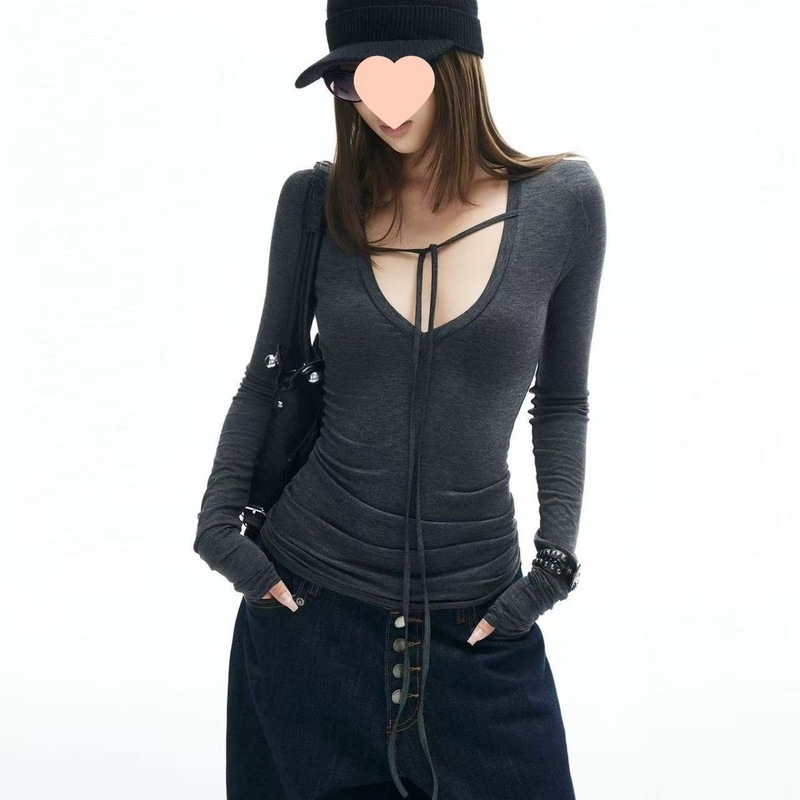 25春秋新款简约碳灰领长袖恤系带修身显瘦针织上衣女纯色其他|undefined
