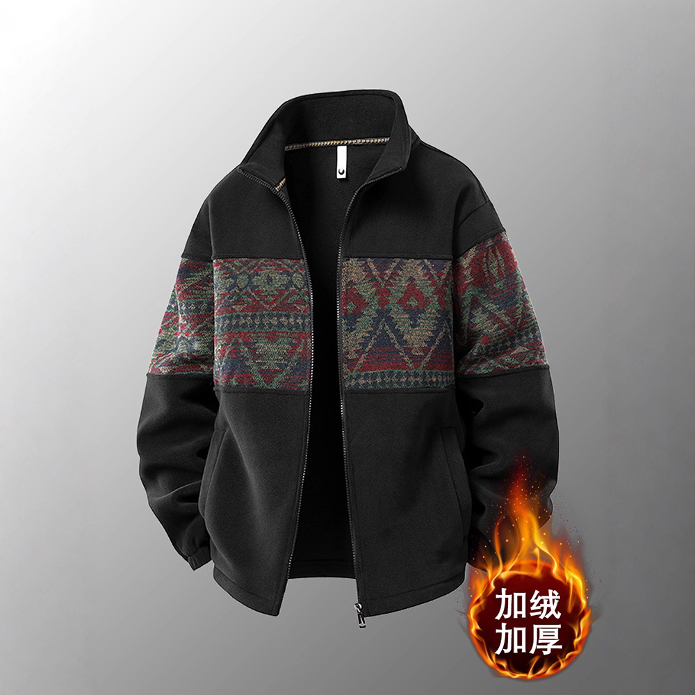 加绒加厚民族风复古拼接撞色奥利绒外套男秋冬大码开衫卫衣外套男