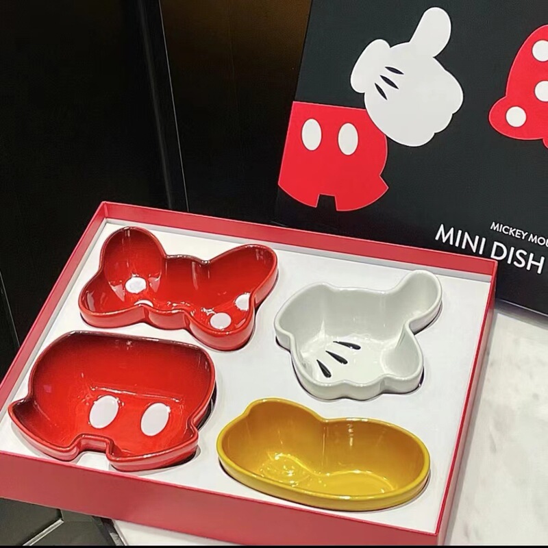 French Cool Colorful Le Mickey Stoneware Divided Plate with Dipping Sauce and Condiment Dish, Underglaze Color Creative Gift Box